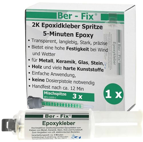 Ber-Fix 5 Min Epoxidharz 25g – 2K Klebstoff für Modellbau & Reparaturen – Set mit 3 Mischdüsen