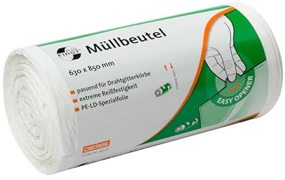 Müllbeutel DEISS FIRST PLUS weiß 85 L, 50 Stück | LDPE-Müllbeutel mit Sternnaht, ideal für Knüllpapier, leichten Abfall aus dem Sanitärbereich, Küchenabfälle und Restmüll