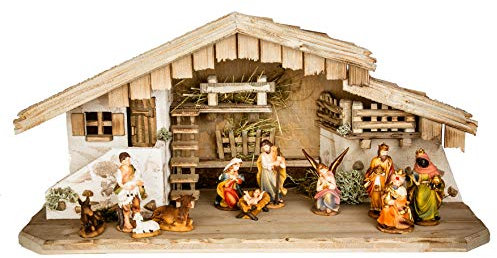 Holz und Gartentrends Weihnachtskrippe Krippe Krippenstall Weihnachten Weihnachtskrippen Tischkrippen Krippenfiguren (W03+9 cm Figuren)