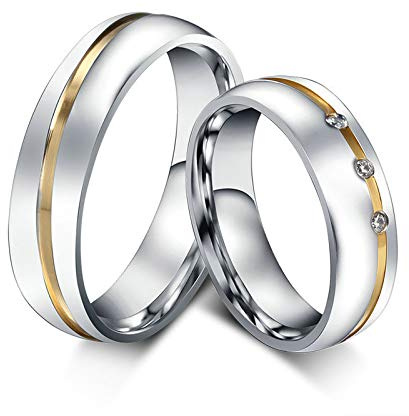 ANAZOZ Edelstahl Ringe Trauringe, Partnerringe Für Sie Und Ihn Größe 49 bis 67 Silberring Breit 6mm mit Goldrille