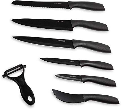 Cecotec Game di 7 coltelli professionisti coltelli in titanio. Acciaio inossidabile, rivestimento in ceramica, foglio di spessore di 2 mm, include la custodia