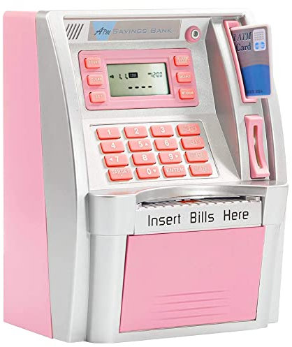 YaBao Pounds Version Electronic ATM Savings Bank Digital Piggy Money Bank Machine,Electronic Cash Box with Debit Card,Password Login,Voice Prompt,Coin Recognition,Targets Setting (Silver/Pink)
