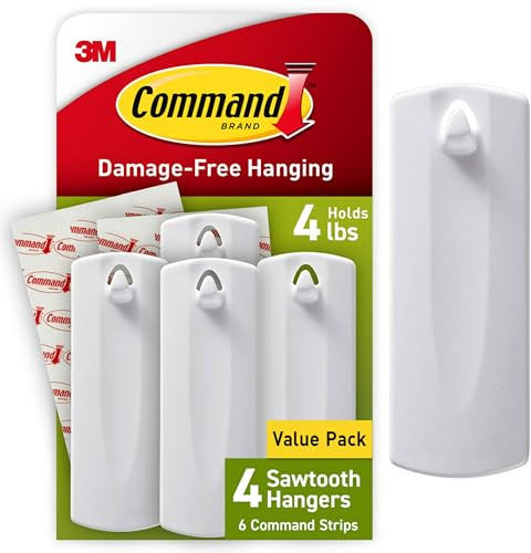 Command Sawtooth Picture Hangers, 4 Frame Hangers and 6 Command Strips, Damage-Free Hanging Sawtooth Frames, No Tools Wall Hook for Home Decor, Holds up to 4 lb