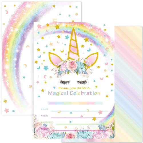 WERNNSAI Magische Einhorn Party-Zubehör Einladungen mit Umschlägen für die Kindergeburtstag Mädchen Baby Shower 20 Stück Einladungskarte