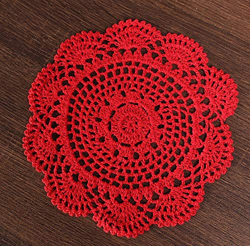 Hsvanyr Runde Häkelspitzen-Deckchen, Blumendesign, Stoffuntersetzer, Vorteilspackung, 4 Stück/Set, Spitzendeckchen (rot)
