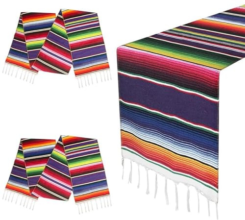 2Pack Camino de Mesa Mexicano para Decoraciones del Cinco de Mayo, 14 x 108 Manta Mexicana Tejida a Mano Camino de Mesa para Fiestas, Camino de Mesa Serape de Algodón con Flecos