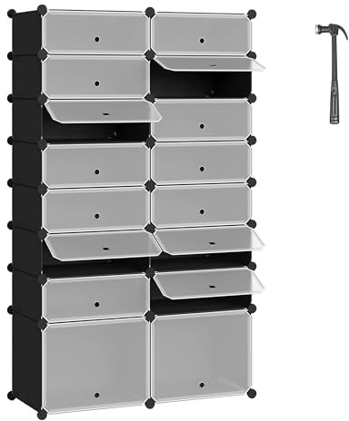 WOLTU Schuhregal stapelbar, DIY Schuhschrank mit 16 Fächern, Schwarz + Weiß | für 32 Paar Schuhe, Schuhorganizer mit Türen, aus PP-Kunststoffplatten, mit Hammer, Aufbewahrung für Taschen, Spielzeug
