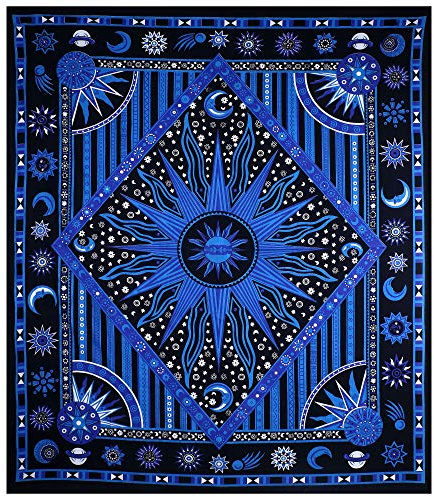 THE ART BOX Indie Wandteppich Baumwolle Mandala Wandbehang Deko Teppich Aesthetic Room Decor Dekoration Wohnzimmer Indische Tücher Schlafzimmer Deko, Blau, 135x210 Cm