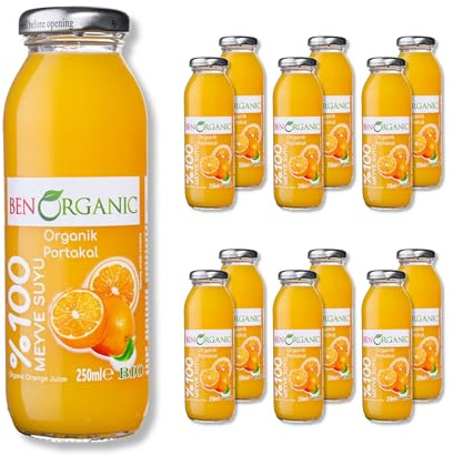 BenOrganic - Organic Orange Juice – Glass Bottles (12 x 250ml), 100% Natural Fruit Juice Drink, No Sugar, No Additives, Not from Concentrate
