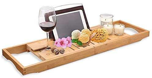 HEIMWERT Badewannenablage Badewannentablett Ablage Badewanne - Extragroß und ausziehbar - Badewannen Tablett Tisch und Frühstückstablett Zubehör aus Bambus Holz für Bett Bathtub Tray Bath Ablagen