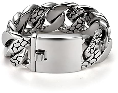 JewelryWe Schmuck Herren Armband Edelstahl Biker Panzerkette Armkette Schlangenmuster Poliert Glieder Cuban Link Kettenarmband mit Gravur Geschenke für Männer Silber