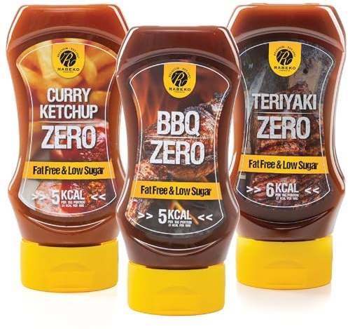 Rabeko Zero Sauce -mix American BBQ/Teriyaki/Curry-Ketchup, 3 x 350ml ohne Zucker & wenig Fett - gesunde Low Carb Produkte kalorienreduziert fettreduziert für Salat, Grill - Gluten und Laktosefrei