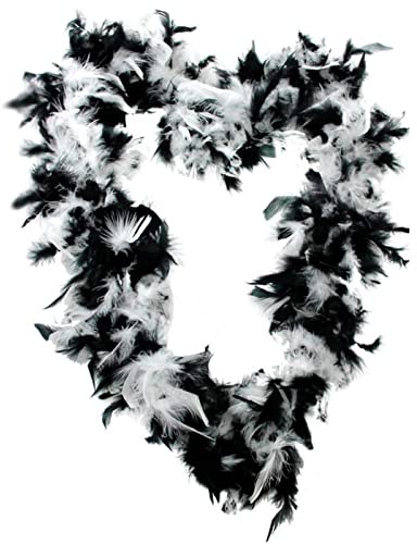 Tradineur Boa Plumes Noir et Blanc En Polyester Complément Carnaval Halloween Fête Célébration Longueur 180cm, Blanc - noir, taille unique