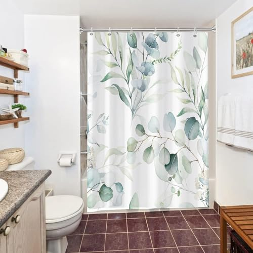 Uiiooazy Duschvorhang Grün Eukalyptus 150x200cm Anti Schimmel Blau Blätter | Duschvorhang Weiß Blumen Pflanzen Wasserdicht Stoff Polyester Waschbar Bad Vorhang mit 10 Haken für Badezimmer Badewanne