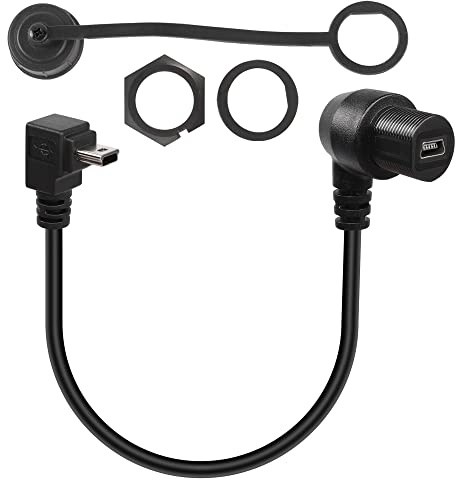 QIANRENON 90 Degree Angle Mini USB Round Recessed Waterproof Extension Cable Mini USB 5 Pin Right Angle Male to Female Panel Mount Cable, Threaded to Dashboard or Panel,28cm/11in (down Bend Male)