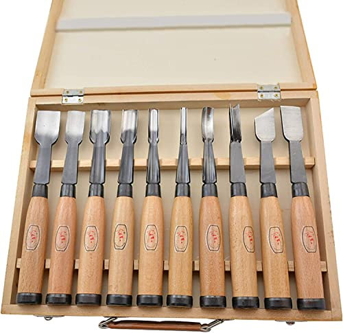 Set di coltelli da intaglio in legno Coltello da intaglio in legno fatto a mano, set da 10 scalpelli Scalpelli da intaglio, utensili con lama frontale in acciaio + manico in legno massello, cassetta