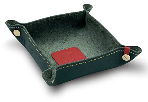 jabuti Edition Schlüsselschale/Taschenleerer 14 x 14cm feines Rindleder Forest-Grün mit Lamm Nappa Leder Applikationen Rot. Handgefertigt in unserem Atelier