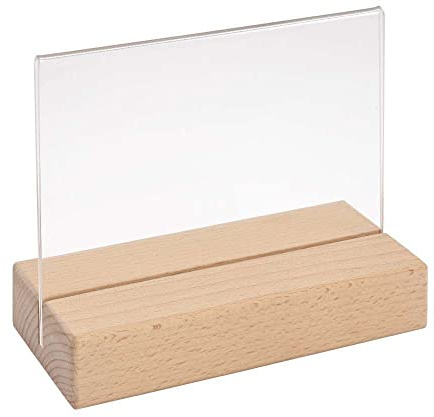 Tischkartenhalter DIN A6 Quer mit Fuß aus Buchenholz und Acryltasche | 2-teilig, Buchenholz EU unbehandelt, Acrylglas glasklar / Made in Germany / Einfacher Blattwechsel / sicherer Stand / Zeigis