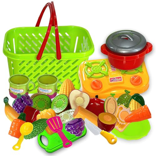 Koolbitz 31 PCs Play Food Set for Children with Shopping Basket, Pretend Play Cooking Set, Role-Play Food Cutting Toy with Fruit & Veggies for Kitchen Accessories Gift for Children Ages 3+