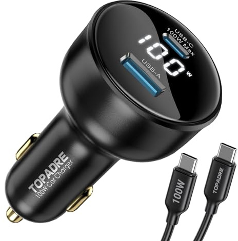 TOPADRE 100W USB C Car Charger with Display, PD3.0+QC Type C Car Charger Adapter with 100W USB C Cable, Fast Charging for Laptops, MacBook Pro, iPad, iPhone 15/14/Pro Max, Galaxy S24/S23 Ultra Etc.
