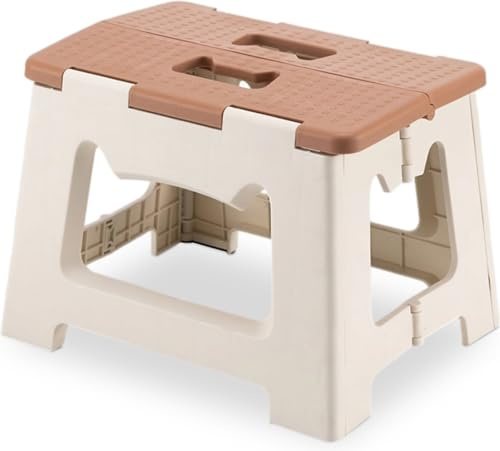 BUDDLEY Tritthocker Klappbar – 23 cm Hoher Tritt mit Anti-Rutsch-Design - Tragfähigkeit bis 99 kg - Klapphocker aus PP-Kunststoff - Ideal für Küche, Bad, Garage & Camping (Braun mit Beige/M)