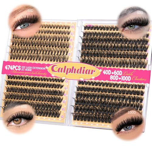 Calphdiar Lash Clusters 40D+60D+80D+100D Eyelash Clusters 474PCS Individual Lashes D-Curly Cluster Eyelash Extensions 8-16MM Wispy Lashes Clusters Volume False Mink Eyelashes DIY Lash Extension