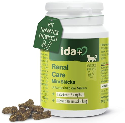 Ida Plus Renal Care Mini Sticks - für eine natürlich gesunde Nierenfunktion - gleicht Phosphatüberschuss aus - bindet urämische Toxine bei Katzen - unterstützt die Harnausscheidung der Katze - 40g