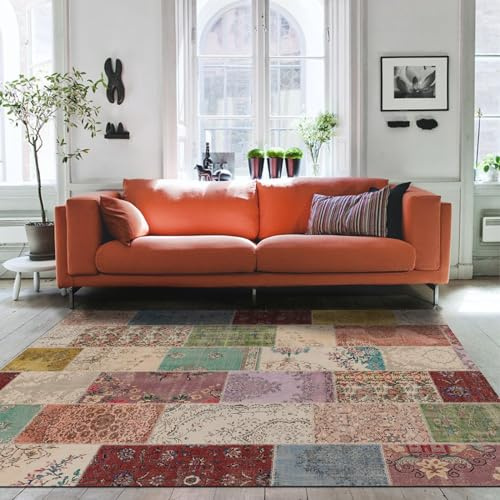 bamyum Afra Bedruckter Teppich Chenille-Druck Maschinell Hergestellt 80 x 150 cm, Wohnzimmer Vintage Schlafzimmer, Antibakteriell Antirutschunterlage Küchenteppich Patchwork