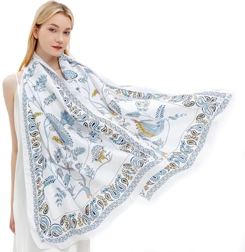 Gragengs Damen-Schal, Seide, lang, Satin, leicht, für den Außenbereich, bedruckt, 178 x 89 cm, 109 - Weiß/Blau, 70 x 35 inch/180x90cm