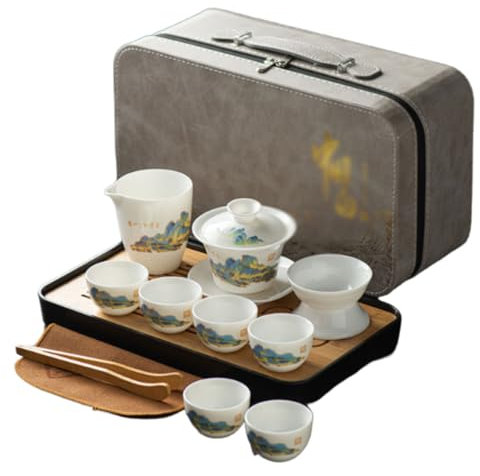 Tee Set Keramik-Kungfu-Teeservice, asiatisches Teeservice mit grauem Lederetui, tragbares All-in-One-Teeservice für Reisen, Zuhause, als Geschenk, im Freien und im Büro