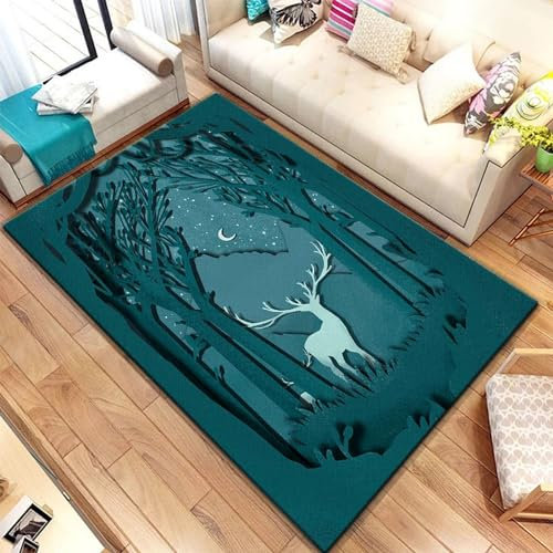 Kind Teppich 160 X 230 Cm / 62.99 X 90.55, Schlafzimmer Teppich, 3D Teppiche Wohnzimmer Teppiche Weich Rutschfest Teppich Für Wohnzimmer Schlafzimmer Bettvorleger Elch Waldtier Hirsch Cartoon -8I3Z4