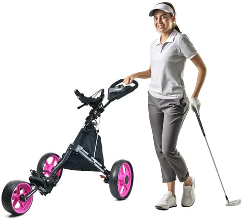 JUST AMAZING DEALS Golf Push Cart 3 Wheel - JAD Pro Golf Ladies Pushcart for Women Golfers, Super Lightweight Deluxe Easy to Fold Collapsible Golf Pull Cart (Pink)
