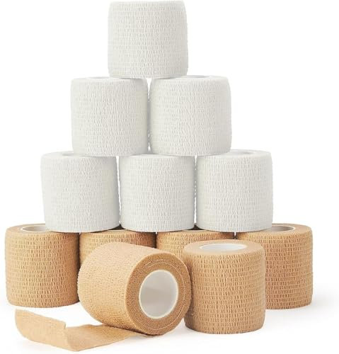 12 Rollen Selbstklebender Verband, Elastische Kohäsive Bandage, Farbige Selbsthaftende Fixierbinde für Hand, Zehen, Füße und Hunde, 5 cm x 4,5 m, Atmungsaktive Sportbandage für Erste Hilfe und Physiot