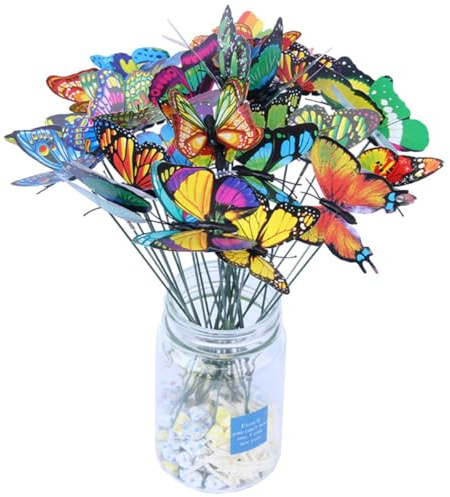 KARLOR butterflies decoration with sticks, 50 pieces 6cm butterfly garden decoration vase decoration butterflies wall sticker waterproof wedding butterflies flower decoration garden ornament