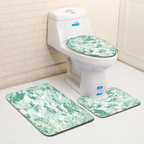 Bad Teppiche Set 3-Teiliges Marmor Türkis WC Vorleger Mit Ausschnitt Badematte Saugfähig WC Deckelbezug Badvorleger rutschfest Waschbar Toilettensitzbezug Badgarnitur (45x75cm)