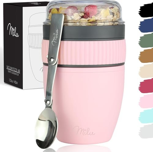 Milu Pot de céréales à emporter 400ml I Pot de yaourt en plastique pour les céréales I anti-fuite avec cuillère pour le yaourt/porridge (Rose)
