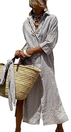utcoco Womens 2025 Shirt Dress Casual Lapel 3/4 Sleeve Button Down Split Belted Vacation Maxi Dress, Grey Diamond, L