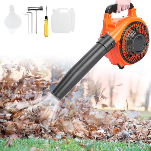 Soffiatore per foglie a benzina, 26 CC, 2 tempi, con sistema anti-vibrazione, avvio manuale, 0,75 kW, portatile, per terrazze, giardini (arancione)