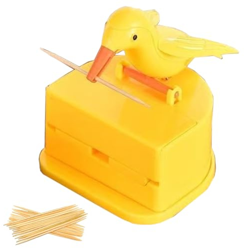 Cocktailstifts, automatischer Zahnstocherspender, Push-Typ Funny Bird Zahnstocher, 3,5x3x3.4 Kunststoff-Zahnstocherhalter, tragbarer Zahnstocherhalter, Gelb, Gelb, gelb