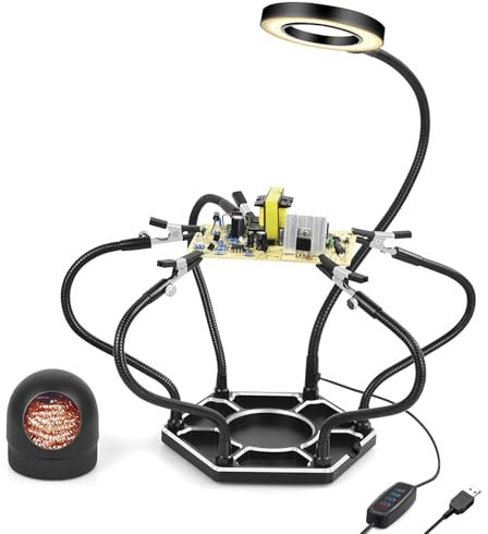 Stazione di saldatura a cinque artigli,Stazione Saldatura per Mani d'Aiuto,con Lente d'Ingrandimento 3X LED Dimmerabile,Saldatura Flessibile per Mani d'Aiuto con 5 Bracci di Supporto