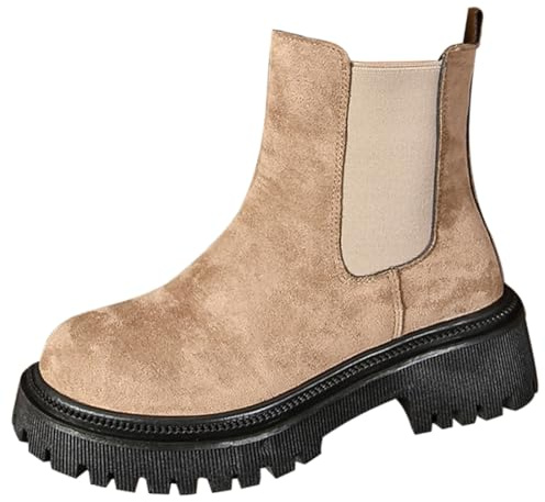 Harssidanzar Mujer Chelsea Boots Comfort Suela Gruesa Tacón Tacón Antideslizante Botines SL204EU,Caqui,Talla 39
