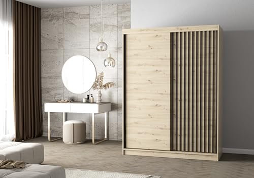 Easy4You Lami II Artisan Schiebetürenschrank Kleiderschrank 150x200x61 cm - Schlafzimmermöbel, Aufbewahrung – Mehrzweckschrank mit Kleiderstange und Lamellen
