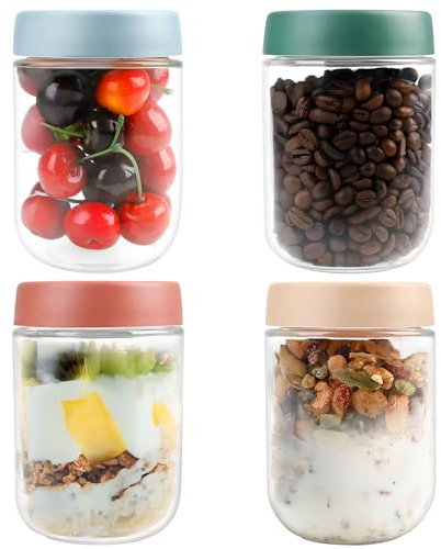 VINATO Pack de 4 Tarros de Cristal con Tapa 480ml, Tarros Cristal Herméticos, Botes con Tapa, Overnight Oats Jar, Frascos Alimentación