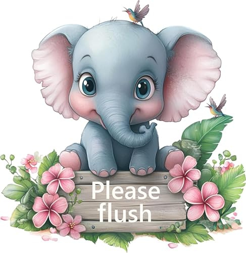 Autocollant mignon pour WC avec éléphant et oiseaux, décoration murale pour salle de bain, non transparent, imperméable, veuillez rincer, signe pour abattant WC pour enfants