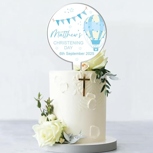 Personalised Acrylic Cake Topper for Religious Celebrations – Communion, Confirmation, Christening - Custom Child’s Name & Date with Hot Air Balloon Design (Christening, Blue)