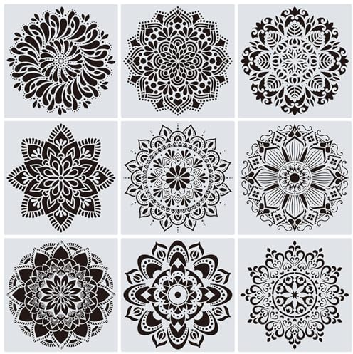 ZSUIQIN 9 Pezzi Stencil Mandala Templates, Stencil per Pittura Riutilizzabili, DIY Plastic Disegno Pittura Modelli Stencils, per la Pittura Fai da te Scrapbook,Wall Art,mobili(30 * 30 cm)