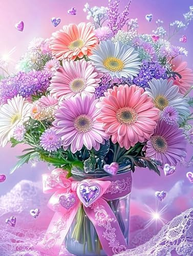 Yikenjoy Flower Diamond Art Kits for Adults -Pink 5D Diamond Painting Kit for Beginners, Pink Daisy Vase 5D Full Drill DIY Purple Floral Wall Decor, Gem Art and Crafts, 16x12 in