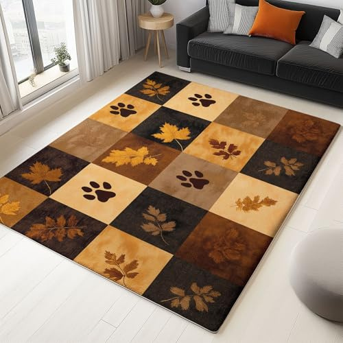 Générique Tapis Salon Motif De Patchwork Empreinte D’Ours Feuilles 90 x 150 cm Tapis, Chambre Impression 3D Moderne Brun Moquette Antidérapant Lavable Machine pour Salon Salle à Manger Bureau