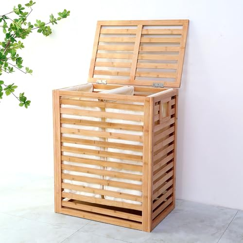 Bamboo Laundry Basket with Lid, Removable Liner, Large Freestanding Organizer Bin for Towels, Bathroom, Bedroom, Dorm, Storage Box for Dirty Clothes