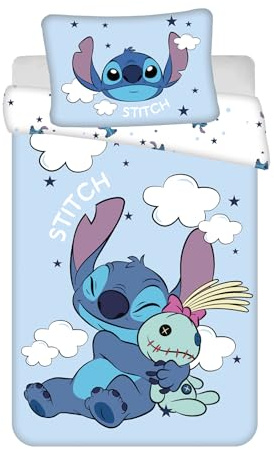 Stitch Babybettwäsche 100x135 + Kissenbezug 40x60 Baumwolle Wolken Sterne | Baby-Bettwäsche | Naturbaumwolle weich atmungsaktiv Oeko-Tex | Disney Lizenz | 0-3 Jahre | Kinderbett | Maschinenwaschbar
